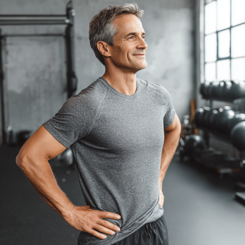 Happy European fitness trainer demonstrating gravity-defying exercise movements with a bright smile, realistic photography style