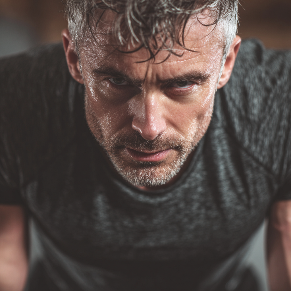 Energetic European man over 40 years old demonstrating strength and vitality during workout, realistic photography style