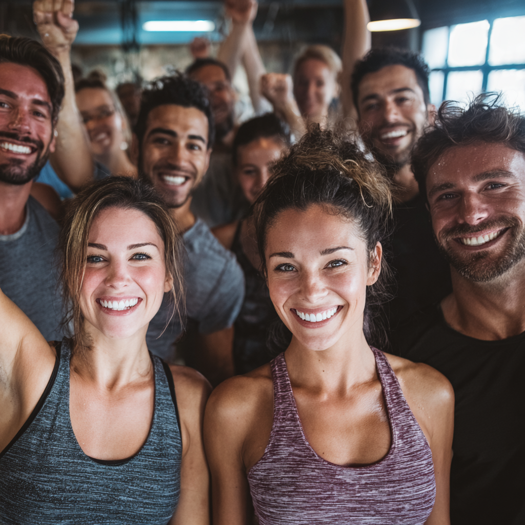 Happy European fitness group celebrating achievements together, realistic photography style